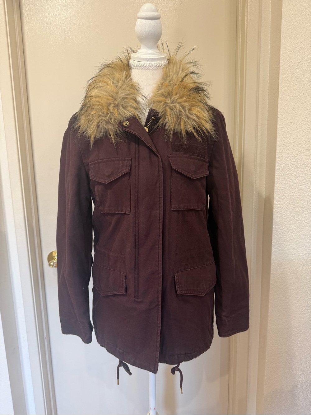 H&M Dark Brown Utility Jacket with Faux Fur Trim